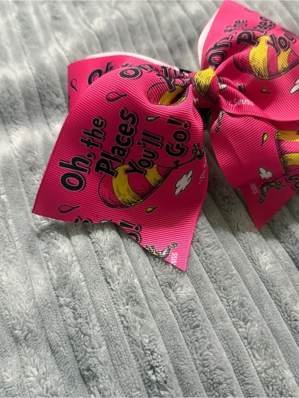 Bright Pink Kids Hair Bow with 'Oh, the Places You'll Go!' Print